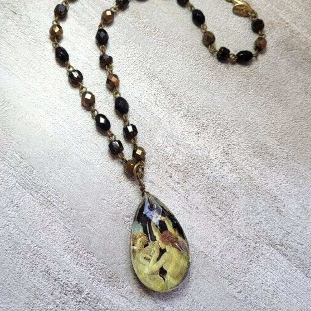 Lenore Solmo Necklace Faceted Glass Pendant on Glass Bead Brasstone 16" Chain
